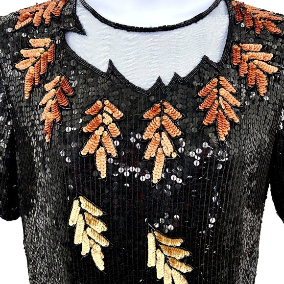 STUNNING VINTAGE ROYAL FEELINGS SEQUIN BEAD SILK LEAF SHORT SLV FORMAL TOP - L - Picture 2 of 5